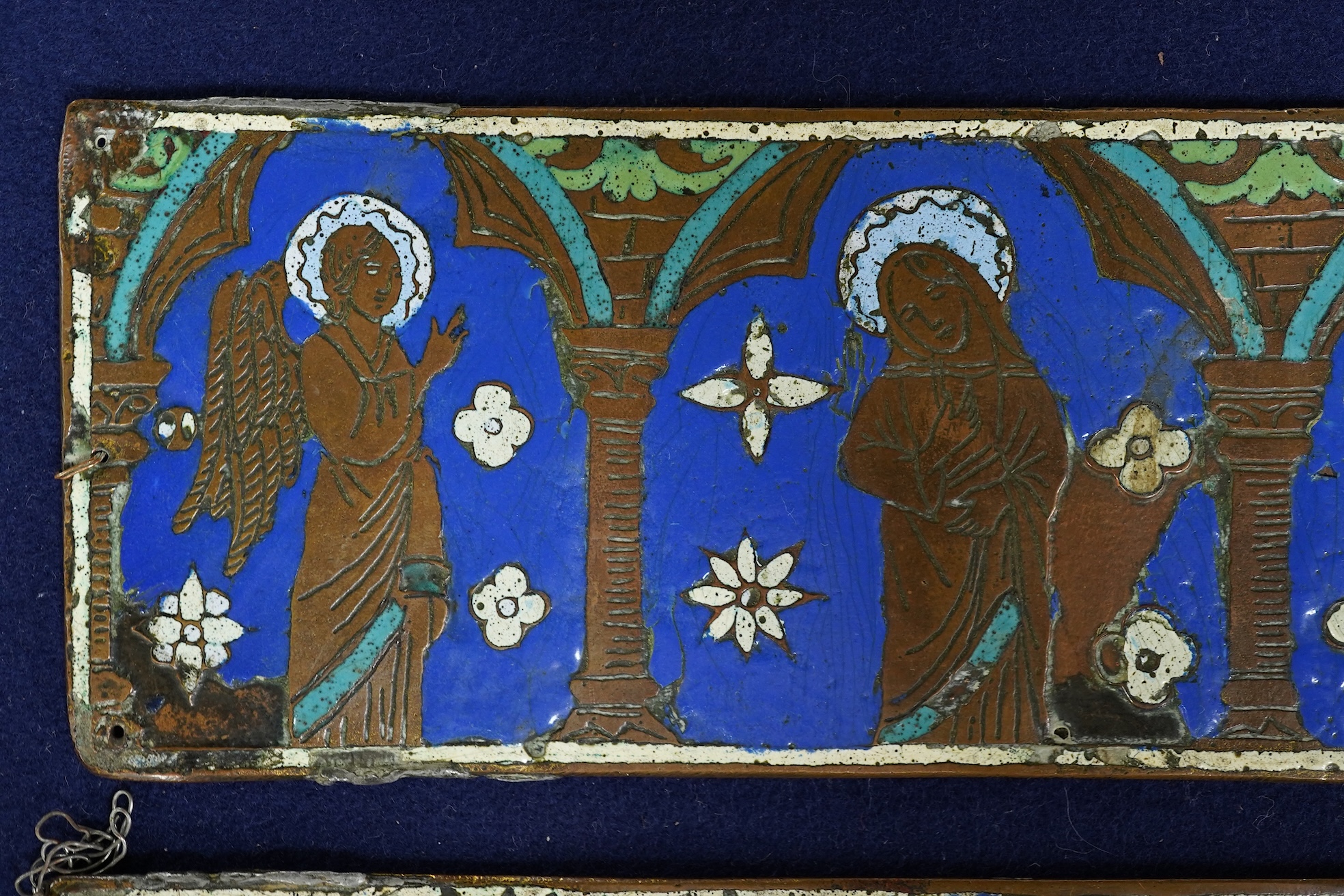 Two Limoges enamel and brass panels in medieval style, related Philips auction catalogue, 7.5 x 22cm